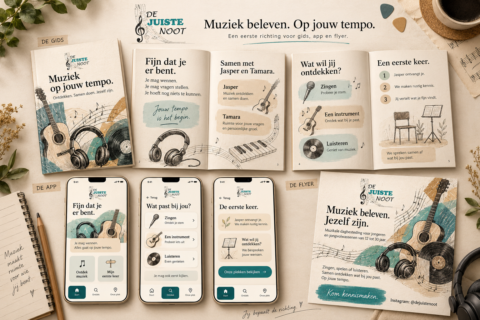 Een eerste glimp: een muzikale gids met binnenpagina’s, drie appschermen en een flyer voor De Juiste Noot